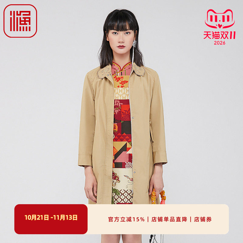 渔牌女装风衣外套女2024新款春季镂空绣花翻领过膝长外套FGGA3037