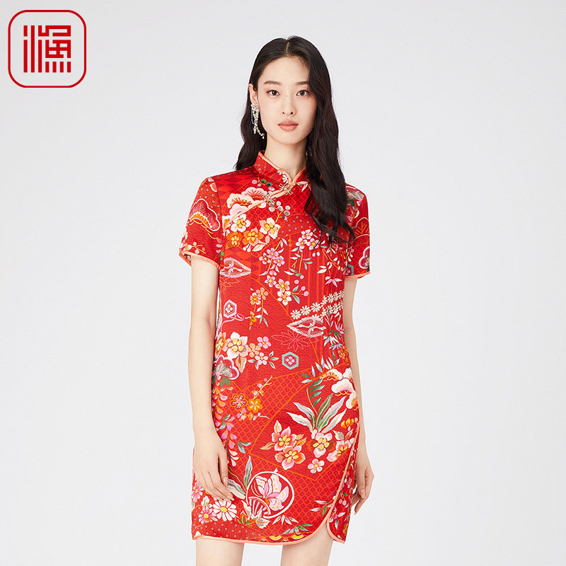 渔牌中国风女装2024新款春夏桑蚕真丝古典印花旗袍连衣裙FGGA0016