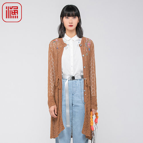 渔对开圆领外穿绣花长款针织毛衫
