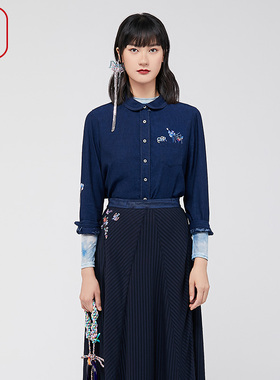 渔牌女装2024早春新款衬衣刺绣花棉麻休闲女上衣时尚衬衣FGGA2208