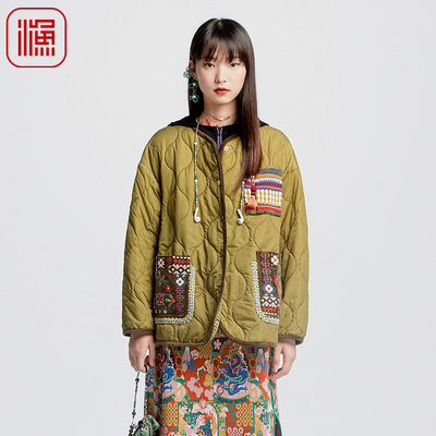 渔牌女装棉服女2024新款宽松国潮中式绣花轻薄棉衣女外套FGGC4011