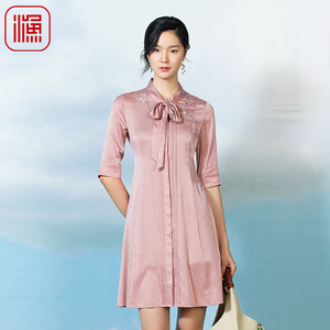 FISHING服饰连衣裙2023新款女名媛气质中袖真丝中长裙子FGFB0120