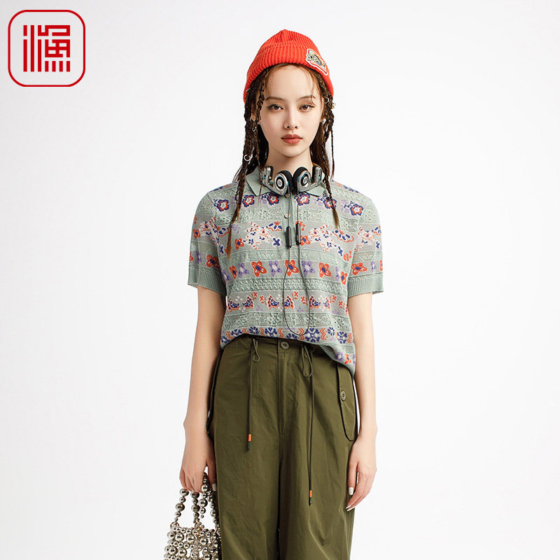 渔女装针织衫女2025新款春夏薄款polo领条纹休闲短款上衣FGHB1008