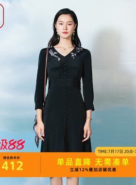 渔牌女装2023新款春收腰弹力真丝通勤风时尚V领连衣裙子FGFA0116