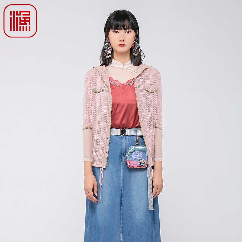 渔女装开衫毛衣女2024新款春夏镂空连帽针织中袖上衣百搭FGGA3611