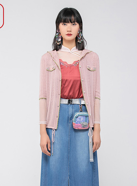 渔女装开衫毛衣女2024新款春夏镂空连帽针织中袖上衣百搭FGGA3611