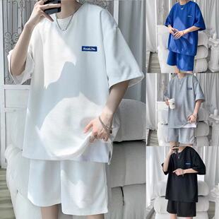 男装 夏季 华夫格冰丝短袖 t恤男运动休闲套装 纯色 一套搭配帅气半袖