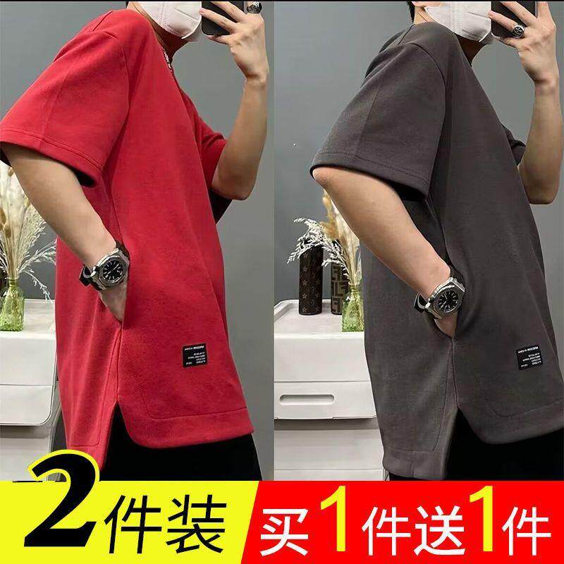 隐藏式口袋纯色男袖t恤新款圆领大码宽松五分袖体恤1/2件圣诞