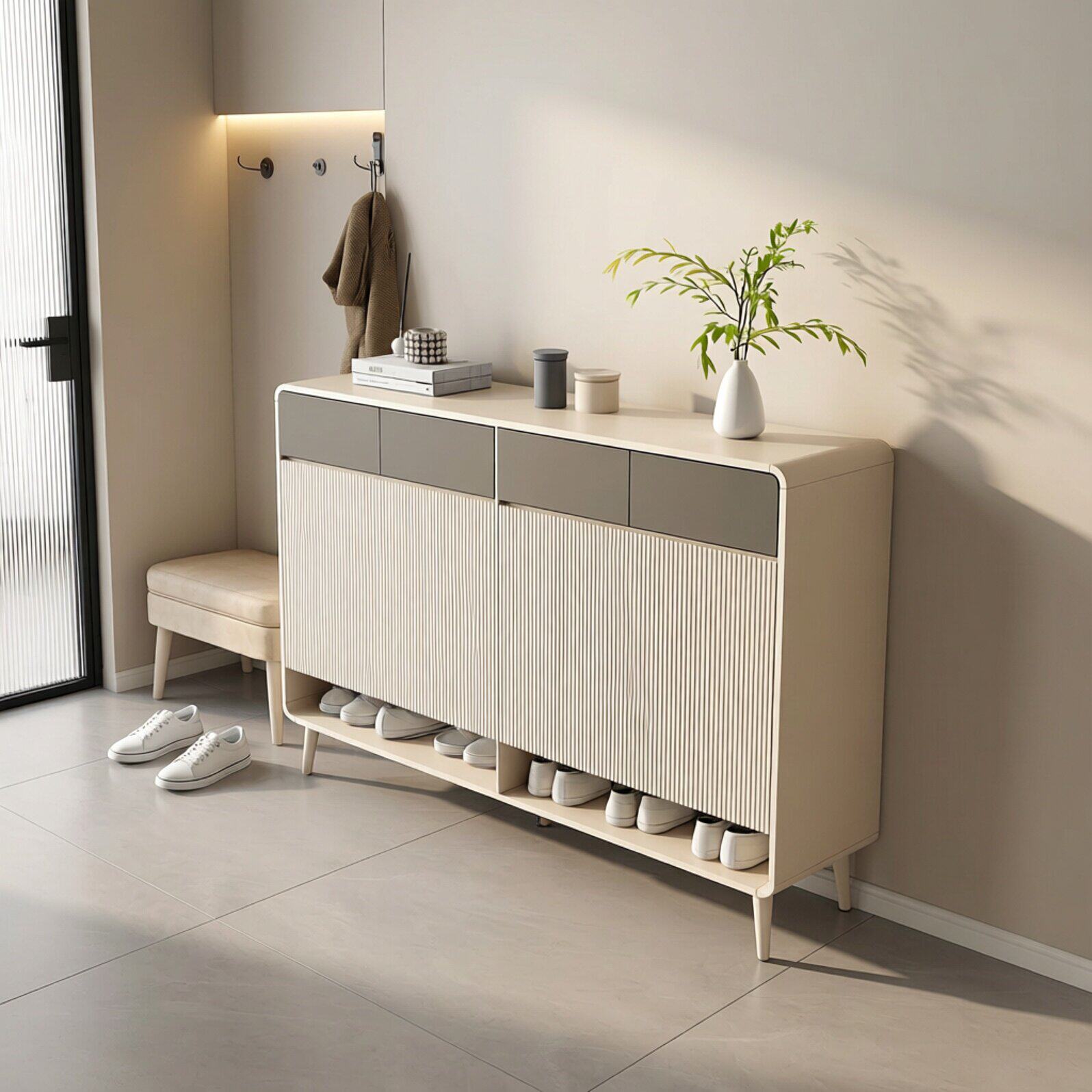 现代简约实木鞋柜储物条纹奶油风大容量收纳柜2026新款客厅玄关柜