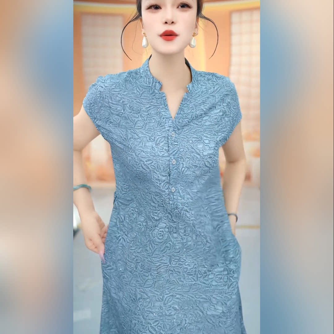 夏季法式雾蓝显瘦轻奢连衣裙