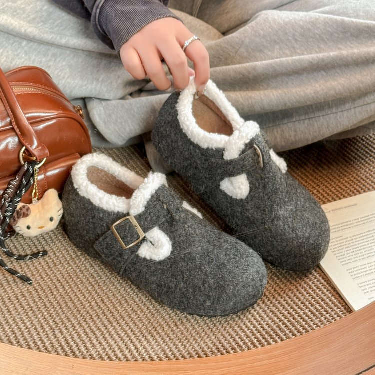 混色花灰~！洋气自留毛呢勃肯棉拖鞋加绒外穿厚底冬季ins毛毛拖鞋