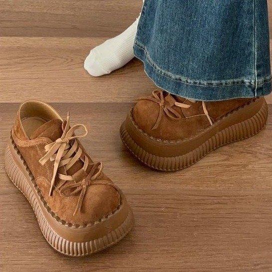 复古棕色蝴蝶结增高厚底鞋真皮大头小皮鞋女亚文化系带松糕单鞋女