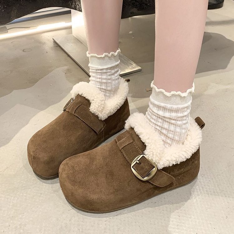 赵露思同款加绒勃肯鞋女带后跟一脚蹬保暖毛毛鞋反绒皮扣带豆豆鞋