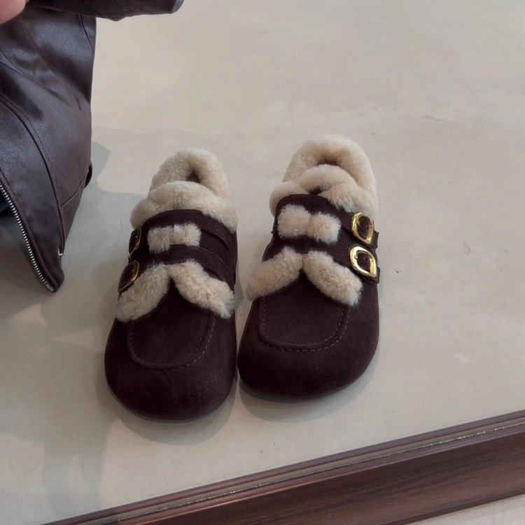 2025冬季新款深口单鞋圆头平底深口2025年冬季人造短毛绒橡胶一脚