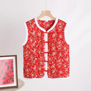 新中式复古盘扣V领马甲喜庆印花白毛滚边单排扣坎肩保暖女上衣