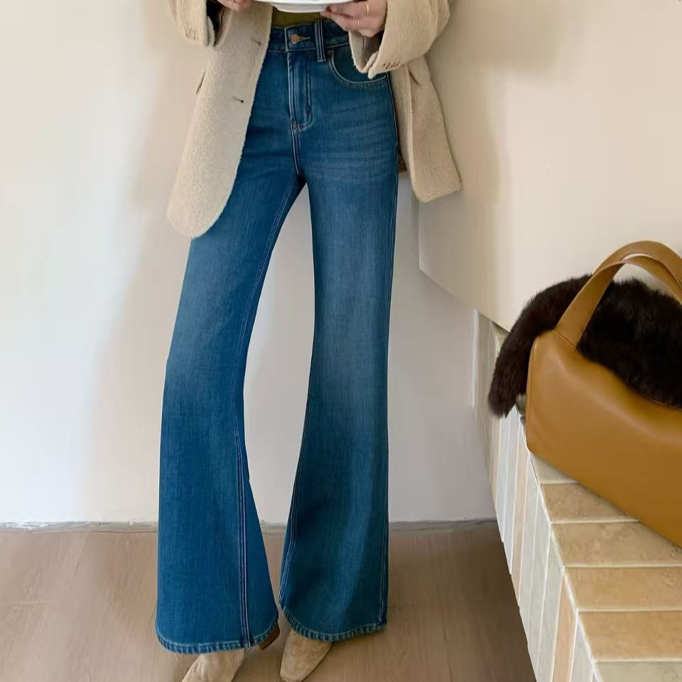 冬款品牌工厂店四面弹复古显腿长喇叭裤牛仔裤13298复合绒