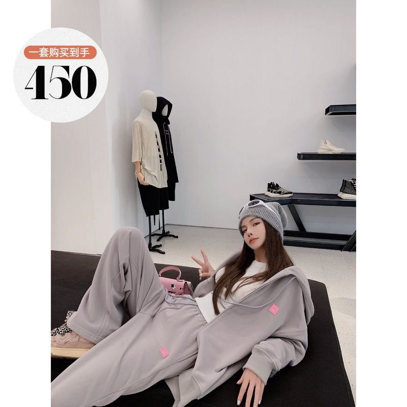 赵辰晨 方块笑脸连帽卫衣套装女秋2023新款美式街头休闲裤两件套