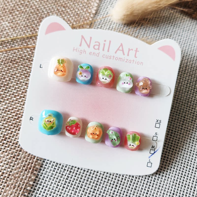 卡通可爱儿童穿戴甲纯手作 蔬菜水果小朋友美甲贴片防咬指甲短款