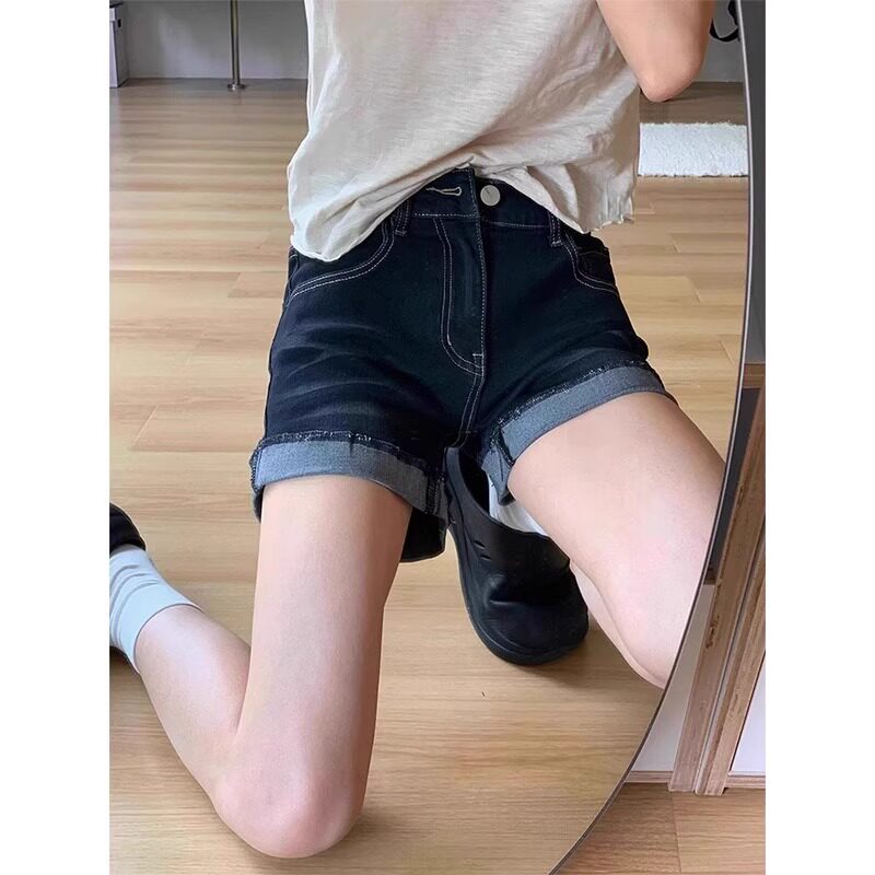 夏季薄款翻边紧身a字包臂热裤女