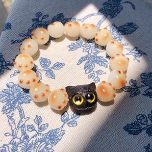 原创 碳烤菩提根 小黑猫猫爪手串 手链 紫光檀黑猫 文玩手串