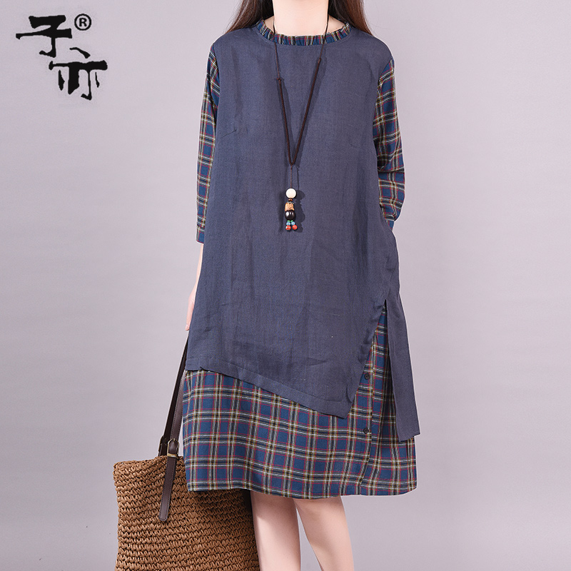 子亦2019秋装新款韩版大码宽松假两件休闲格子拼接苎麻连衣裙(非品牌)