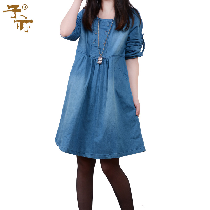 子亦春秋新款韩版大码休闲可挽袖磨白女装长袖牛仔连衣裙女