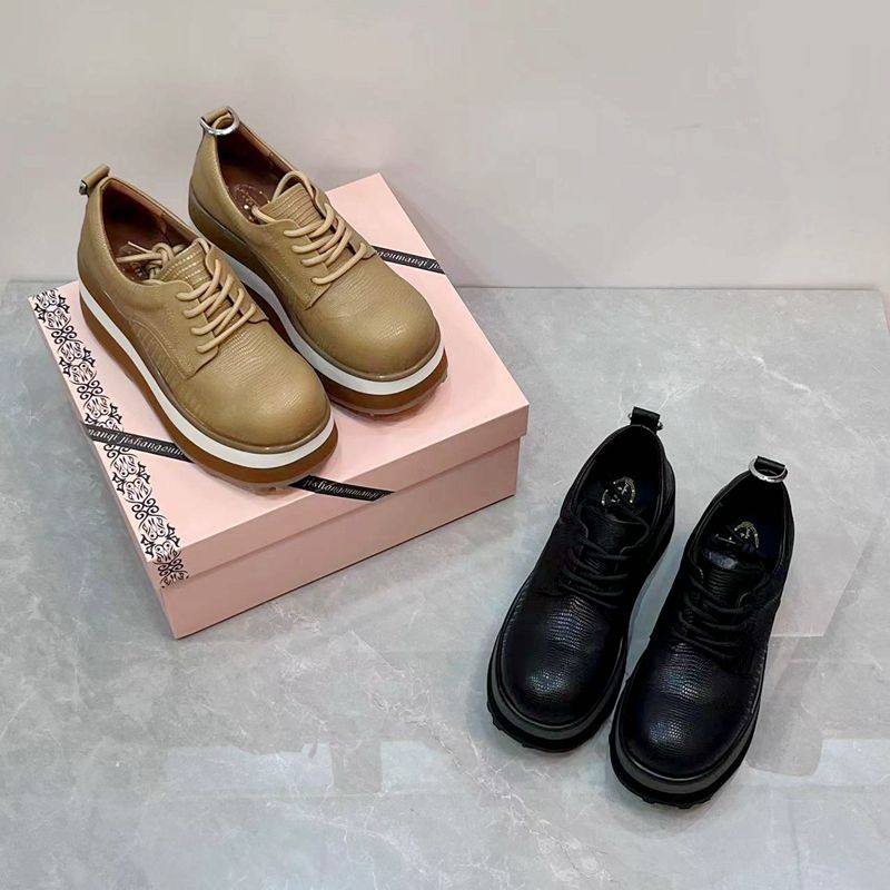 欧洲站真皮圆头松糕底深口鞋增高8厘米休闲绑带通勤百搭女单鞋
