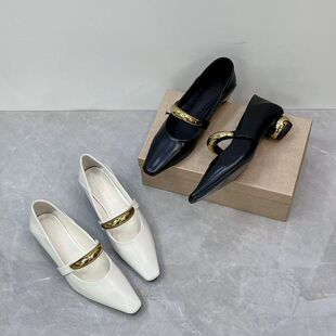 春季新款真皮小方头浅口单鞋金属低跟通勤百搭两穿舒适胎牛工作鞋