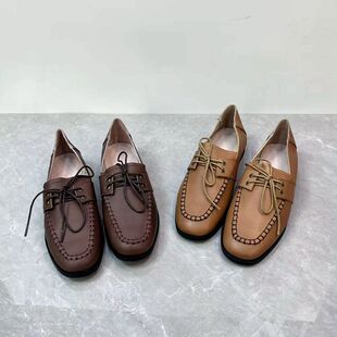 英伦风真皮圆头系带乐福鞋平底复古通勤百搭显瘦新款春季小皮鞋