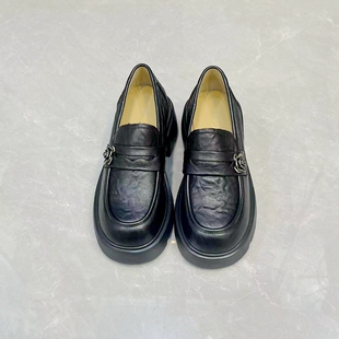 新款真皮一脚蹬乐福鞋手抓纹羊皮增高厚底鞋山茶花时尚百搭小皮鞋