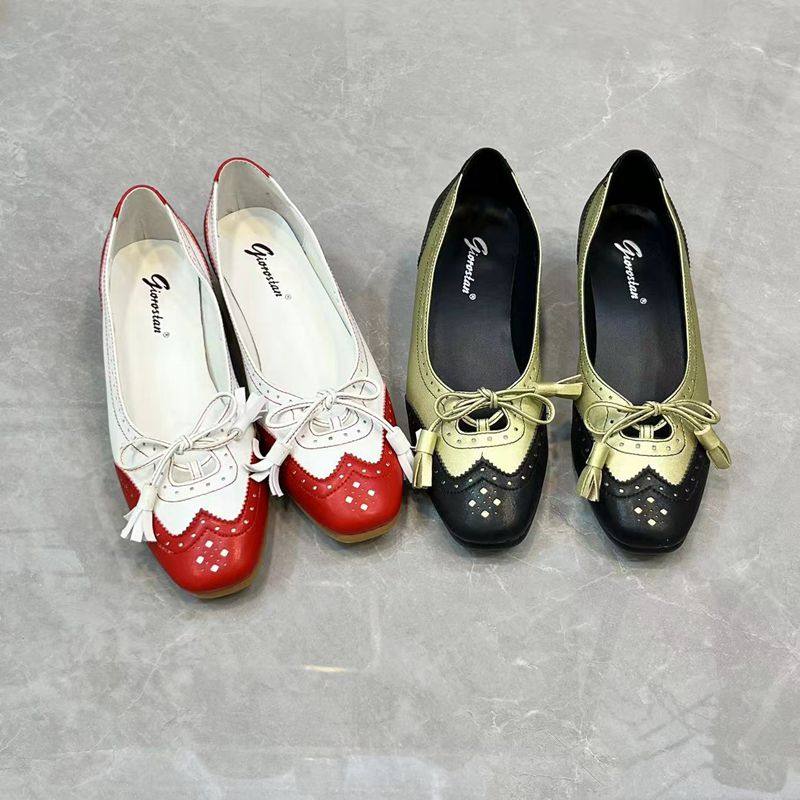 小香风圆头雕花浅口女单鞋拼色粗跟蝴蝶结复古中跟欧美女鞋,女鞋,浅口单鞋,淘宝优惠券,粉丝福利购,淘宝优惠卷