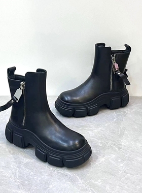 欧洲站真皮圆头双拉链帅气马丁靴厚底增高加绒保暖通勤百搭短筒靴