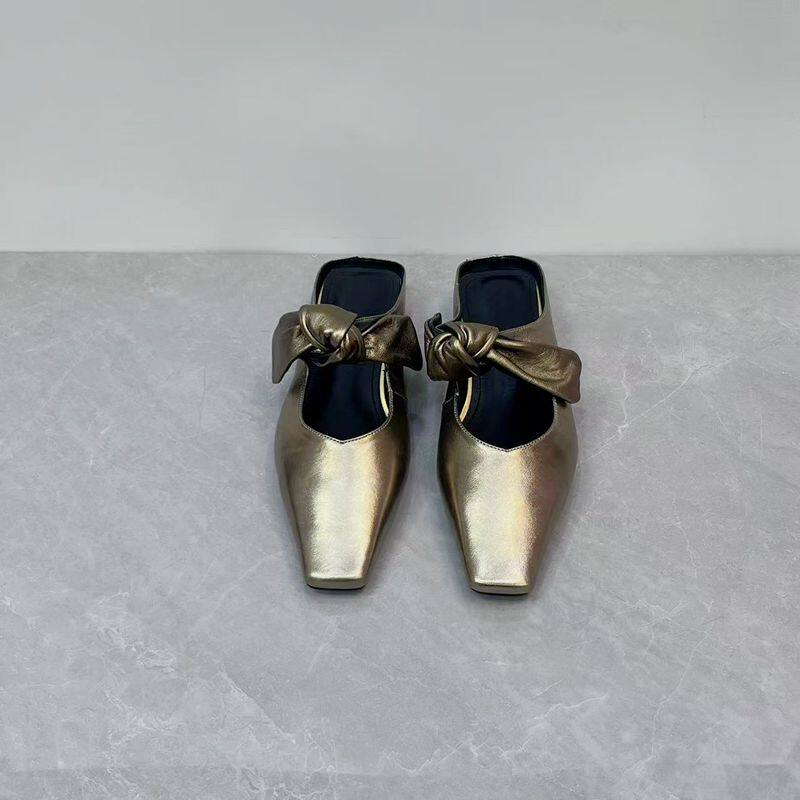 孤品36码真皮方头蝴蝶结浅口包头拖鞋