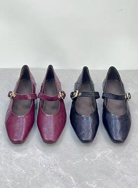 新款真皮圆头一字带玛丽珍鞋通勤百搭纯色复古法式浅口皮鞋5088-3