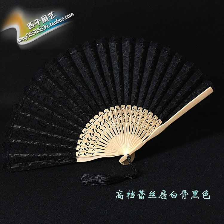 贝壳扇大刀扇礼品扇双层黑蕾丝折叠扇包邮 日本折扇和扇竹柄扇子