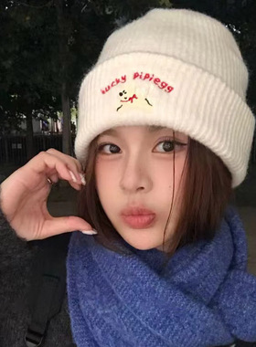 韩版秋冬可爱刺绣保暖毛线帽女