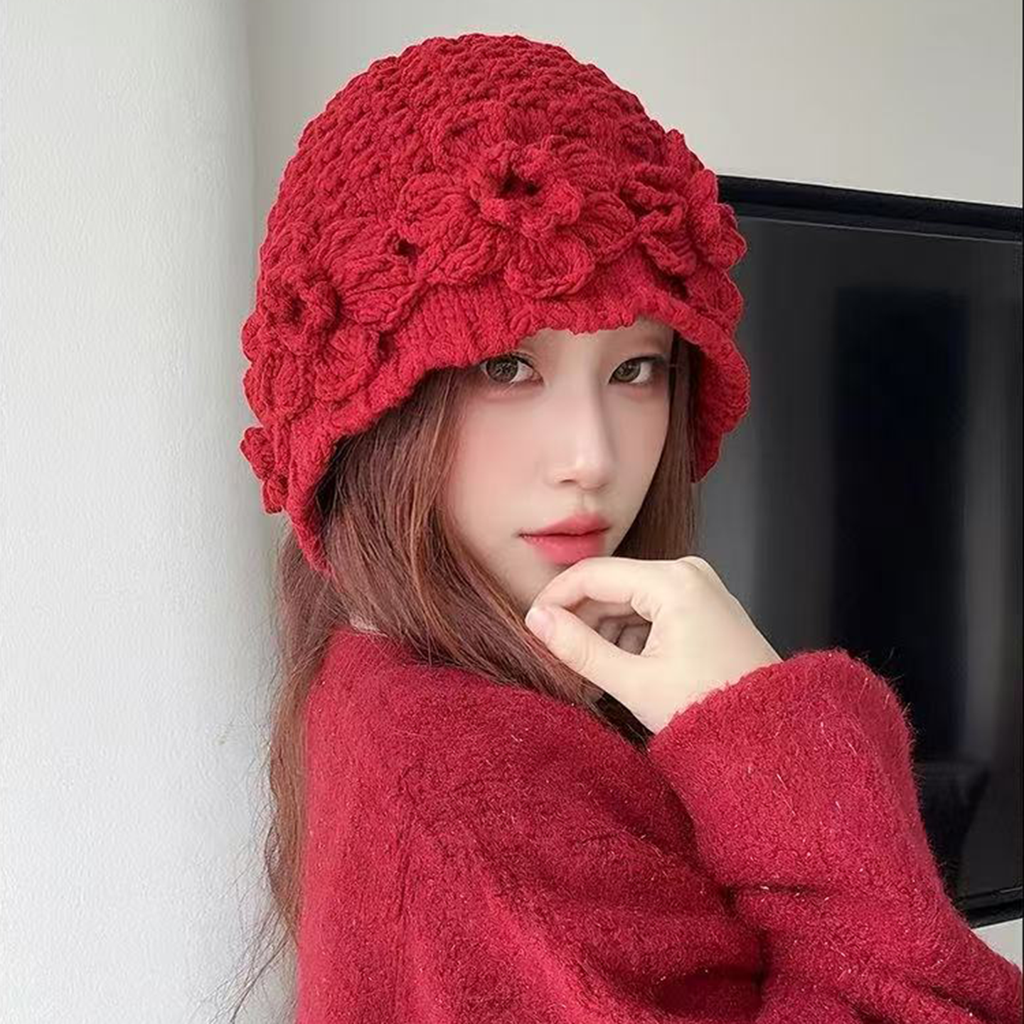 秋冬立体花朵显脸小流苏针织帽女