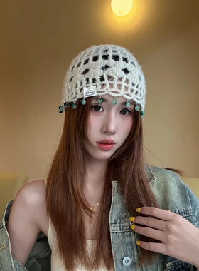 民族风手工编织帽女夏季花朵镂空针织帽包头帽珍珠流苏帽子