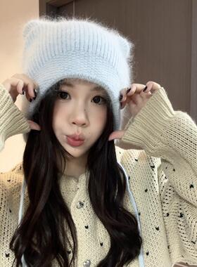 蓝色针织小熊帽子女秋冬款保暖护耳帽可爱百搭显脸小雷锋帽毛线帽