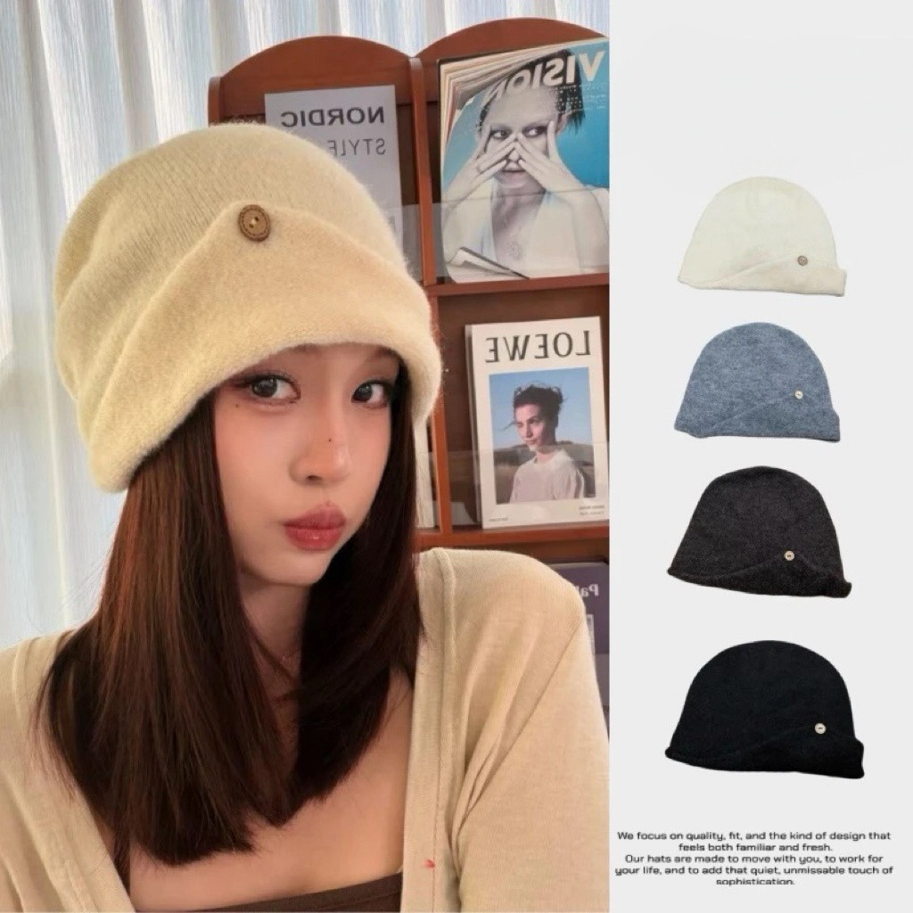 翻边纽扣设计针织帽女秋冬防寒保暖包头帽显脸小纯色护耳毛线帽子