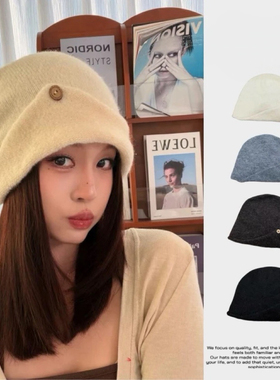 翻边纽扣设计针织帽女秋冬防寒保暖包头帽显脸小纯色护耳毛线帽子