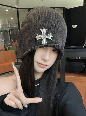 潮酷网红十字架堆堆帽女早秋冷帽女百搭重工大头围显脸小护耳帽女