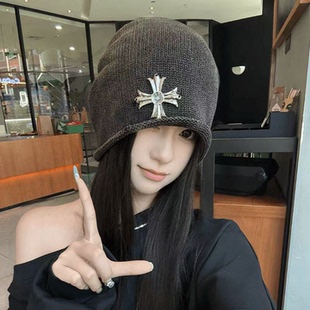 潮酷网红十字架堆堆帽女早秋冷帽女百搭重工大头围显脸小护耳帽女