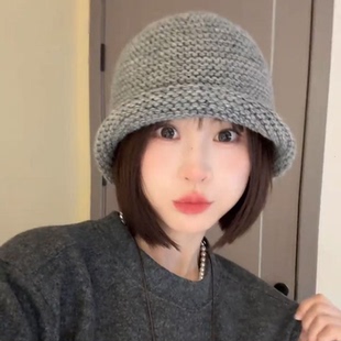 出口韩国羊毛针织卷边水桶帽子女秋冬复古咖色渔夫帽大头围盆帽潮