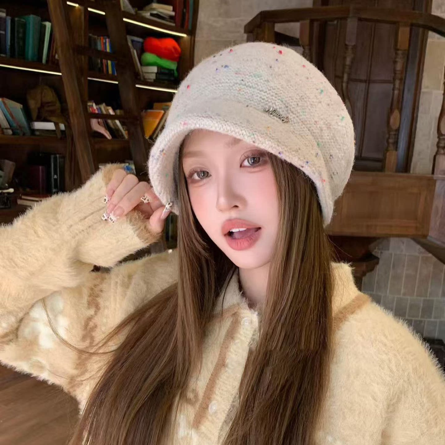 秋冬百搭短檐双层针织堆堆帽女