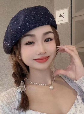 日系夏季镂空亮片网眼贝雷帽女
