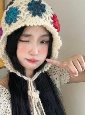 秋冬彩色民族风镂空花朵针织帽女