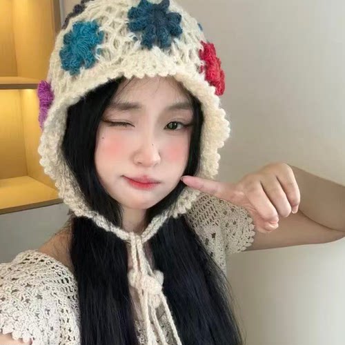 秋冬彩色民族风镂空花朵针织帽女