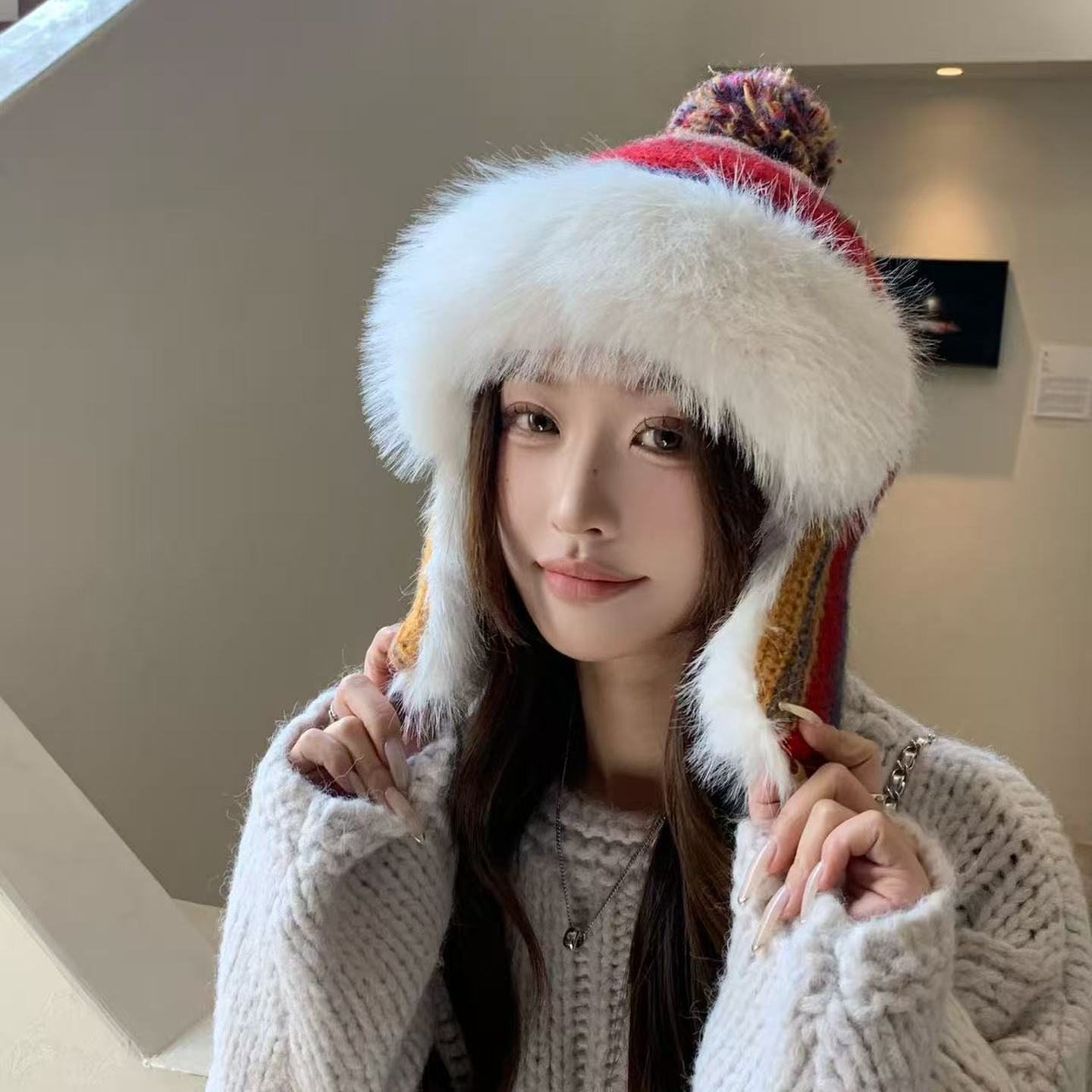 冬季民族风彩色条纹护耳雷锋帽女