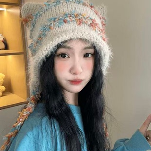 定制纱线 百搭秋冬保暖毛线护耳针织帽 彩色穗子流苏帽子2025新款